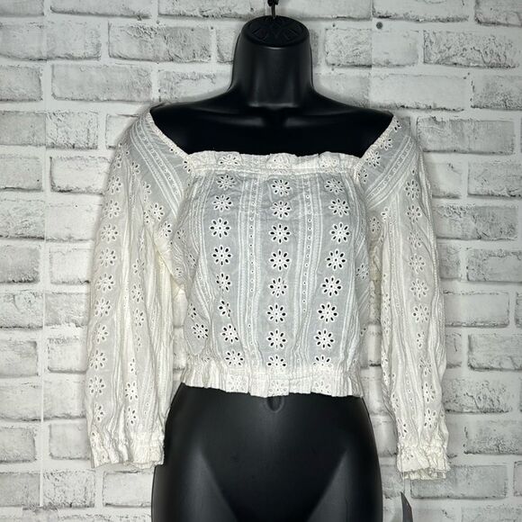 NWT Jolt Ivory Lantern Sleeve Blouse Crop Top Shirt Size Large - Picture 1 of 6